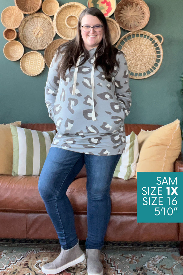 Leopard Hoodie Tunic, Grey