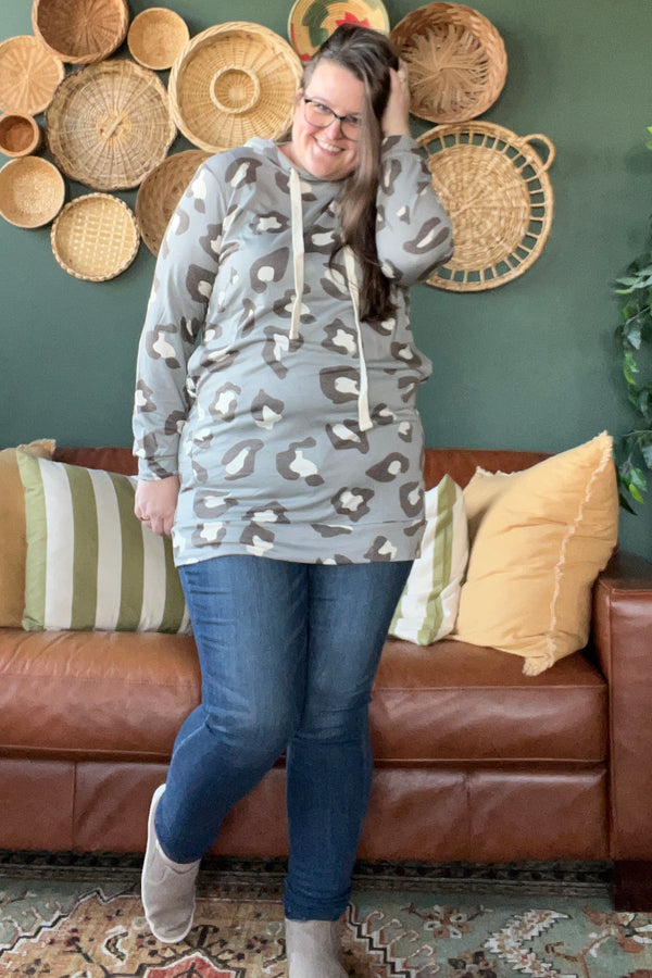 Leopard Hoodie Tunic, Grey